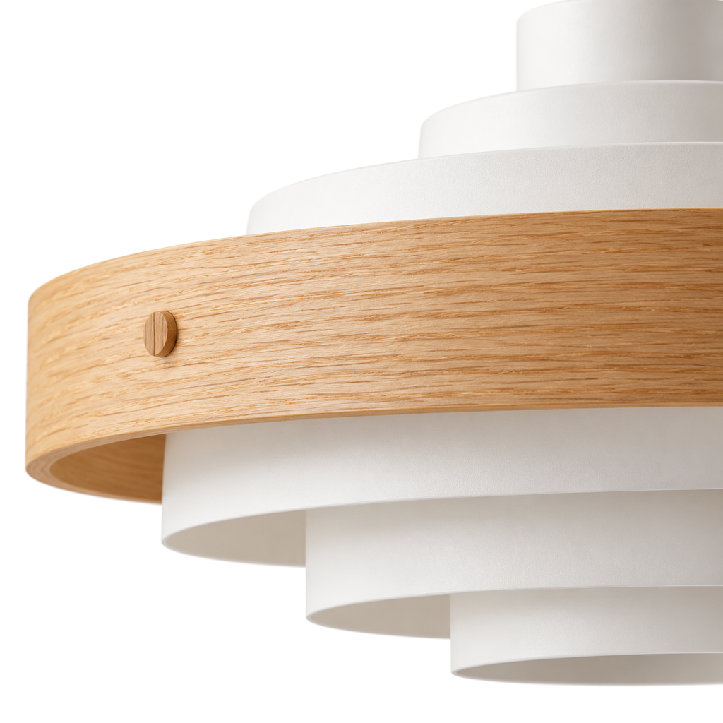 Tiered Pendant Light | Stepped Metal Shade with Wood Band, 40 cm, Walnut or Oak, Black or White