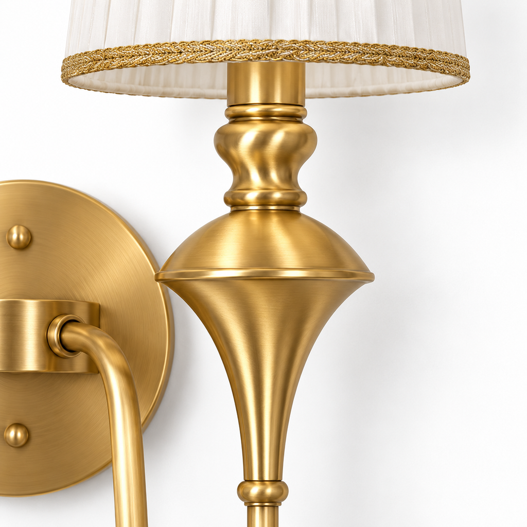 Brass Double Wall Light | Pleated Fabric Shades with Braided Trim, Twin E14, 38 x 46 cm