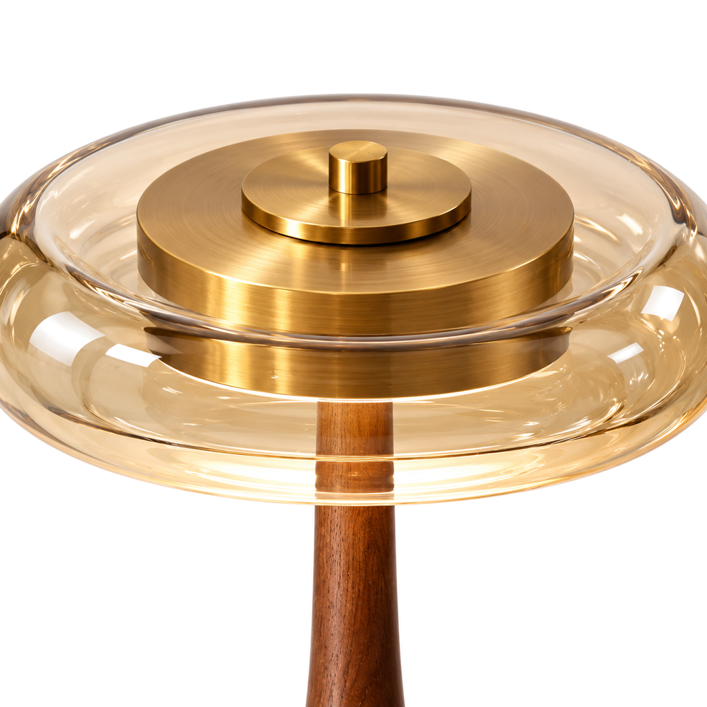 Amber Glass Table Lamp | Teardrop Wood Base & Brass Cap, 22 cm Shade, 24.5 or 31.5 cm Tall
