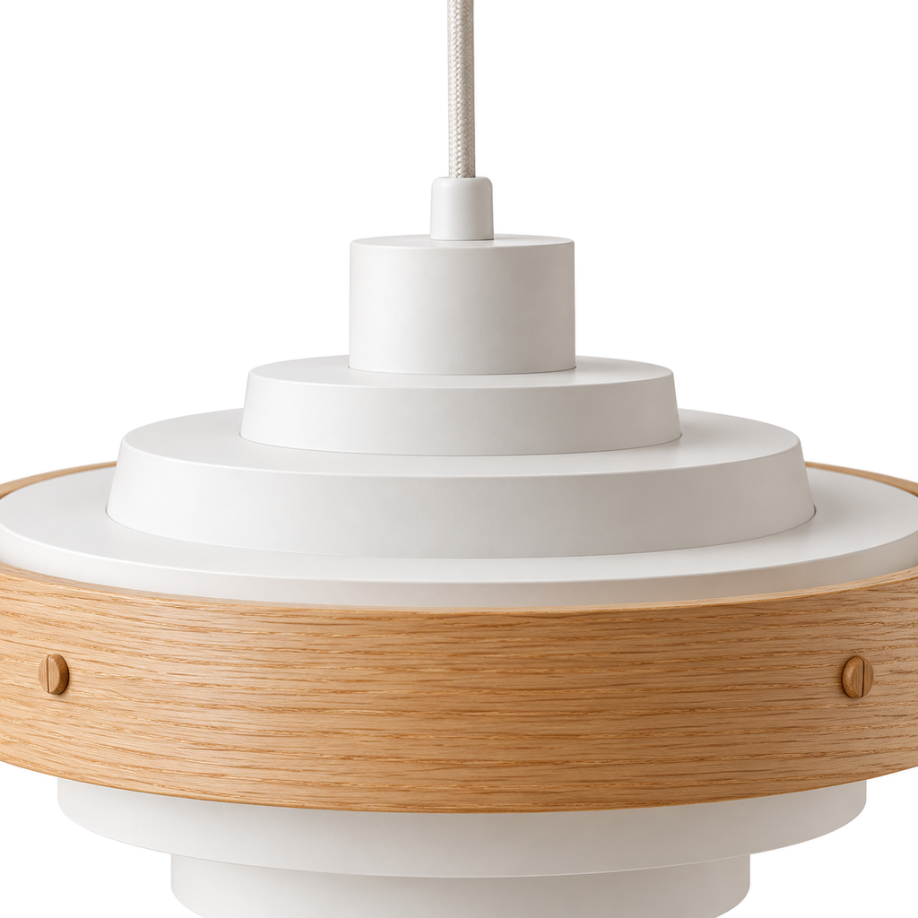Tiered Pendant Light | Stepped Metal Shade with Wood Band, 40 cm, Walnut or Oak, Black or White