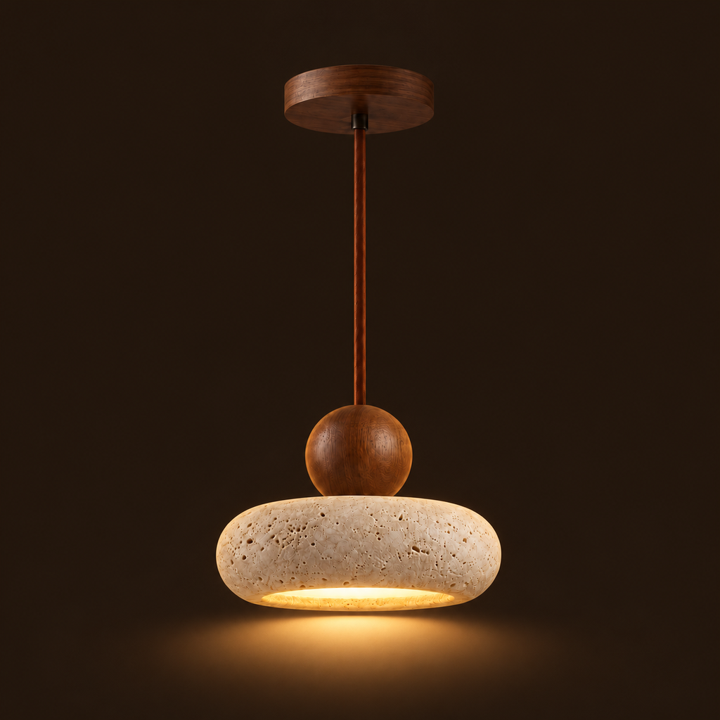 Travertine Donut Pendant Light | Natural Stone 15cm, Walnut or Light Wood, Wabi Sabi