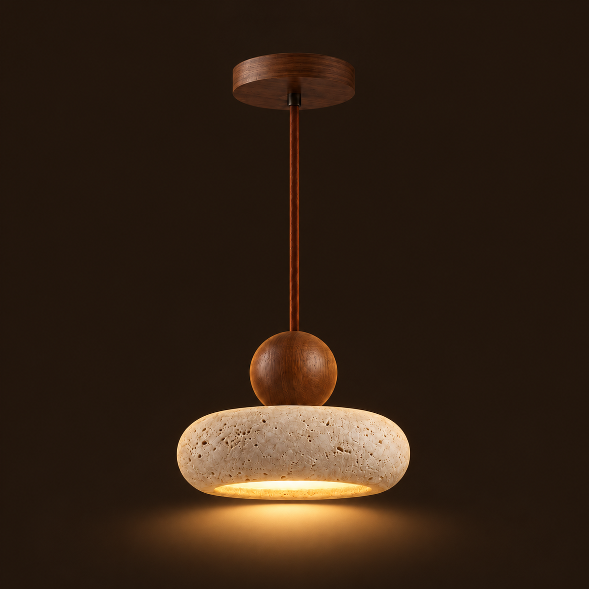 Travertine Donut Pendant Light | Natural Stone 15cm, Walnut or Light Wood, Wabi Sabi