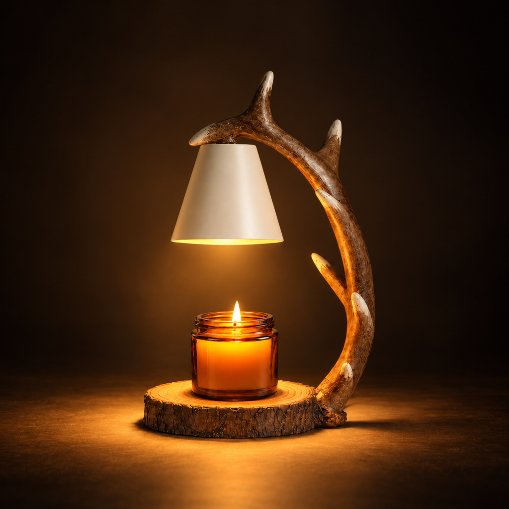 Antler Candle Warmer Lamp | Resin Antler Arm, Log Slice Base, Timer & Dimmer, UK Plug, Gift