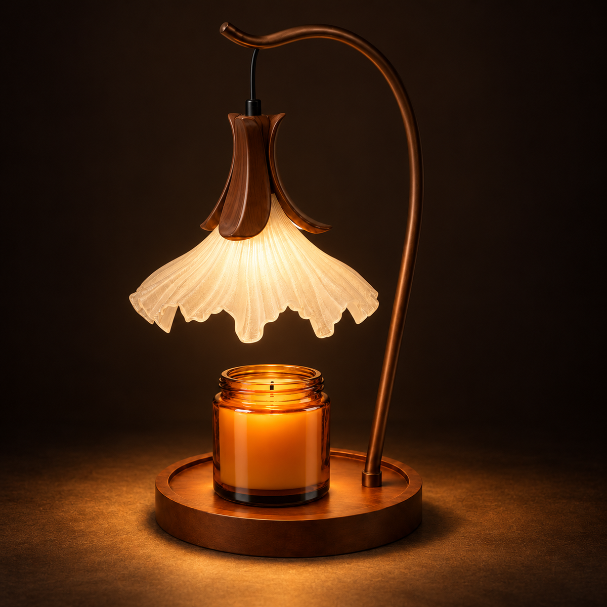 Flower Candle Warmer Lamp | Petal Shade, Curved Arm, Wood Base, 3-Colour Light, 36 cm, UK Plug