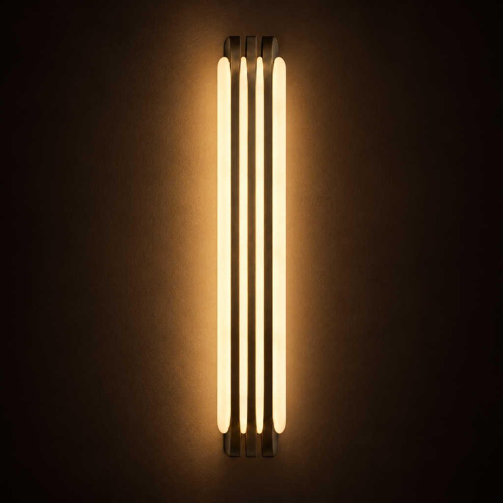 Alabaster & Antique Brass Wall Light | Three-Fin LED Column, Warm White, 35 or 60 cm