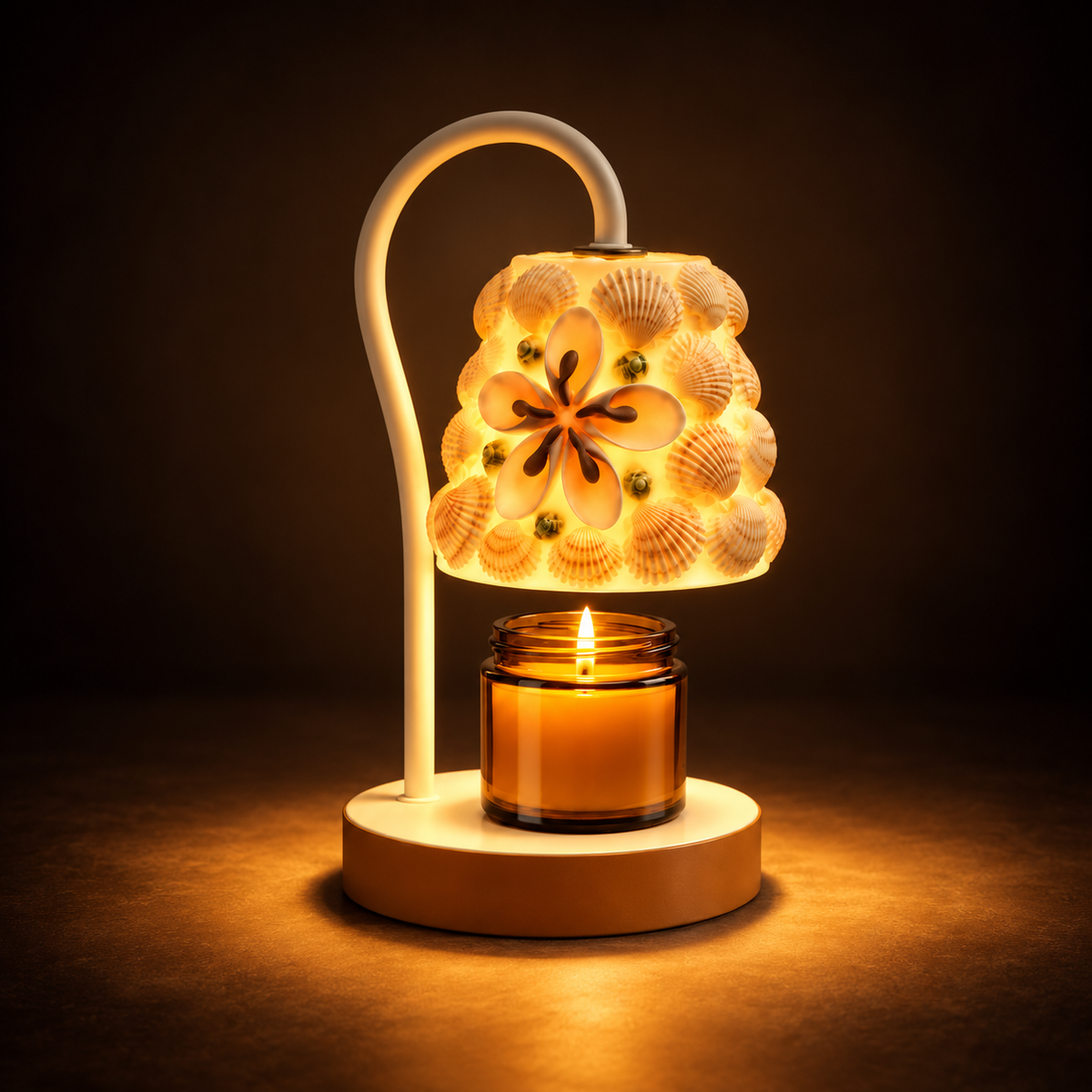 Shell Mosaic Candle Warmer Lamp | Bell Shade, White Gooseneck Arm & Base, 12 x 25 cm, UK Plug