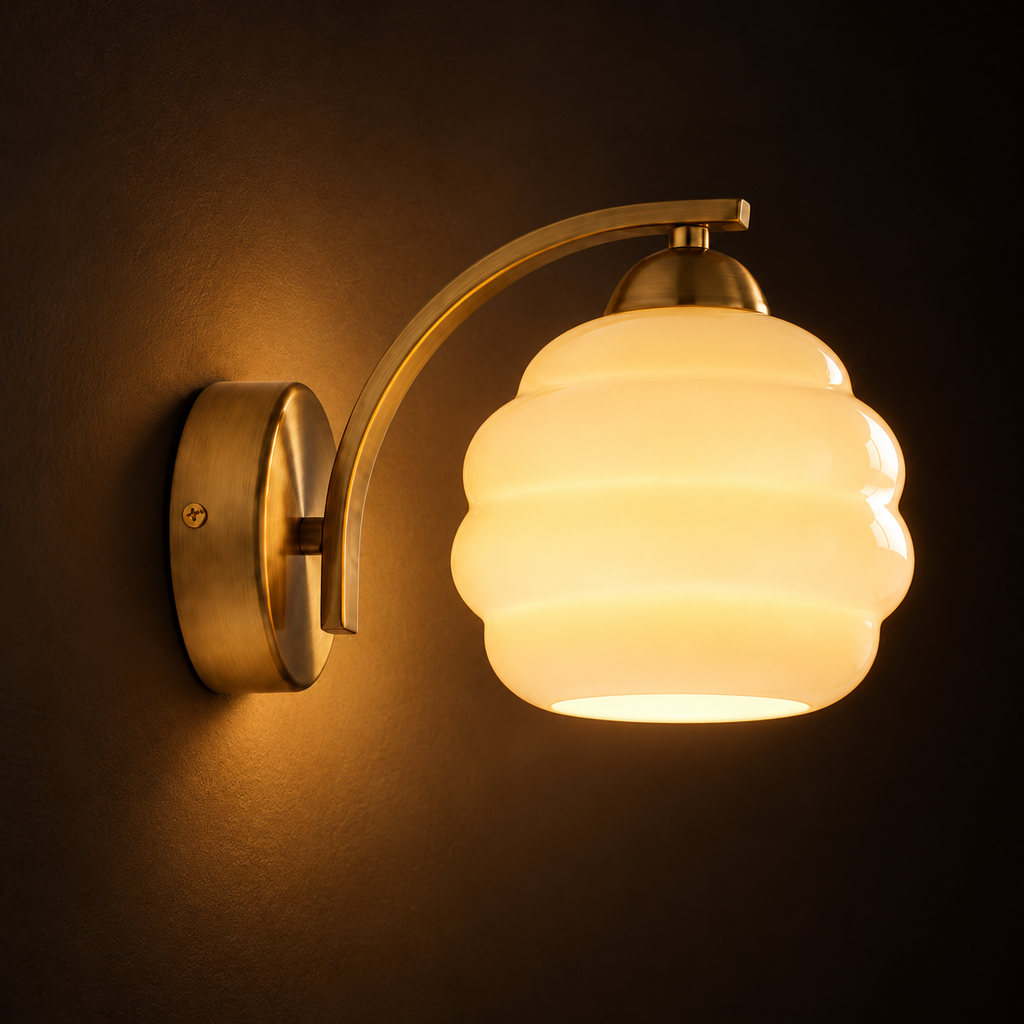 Beehive Glass Wall Light | Cream or White Ribbed Opal Shade, Bronze Arm, Pull Switch Option