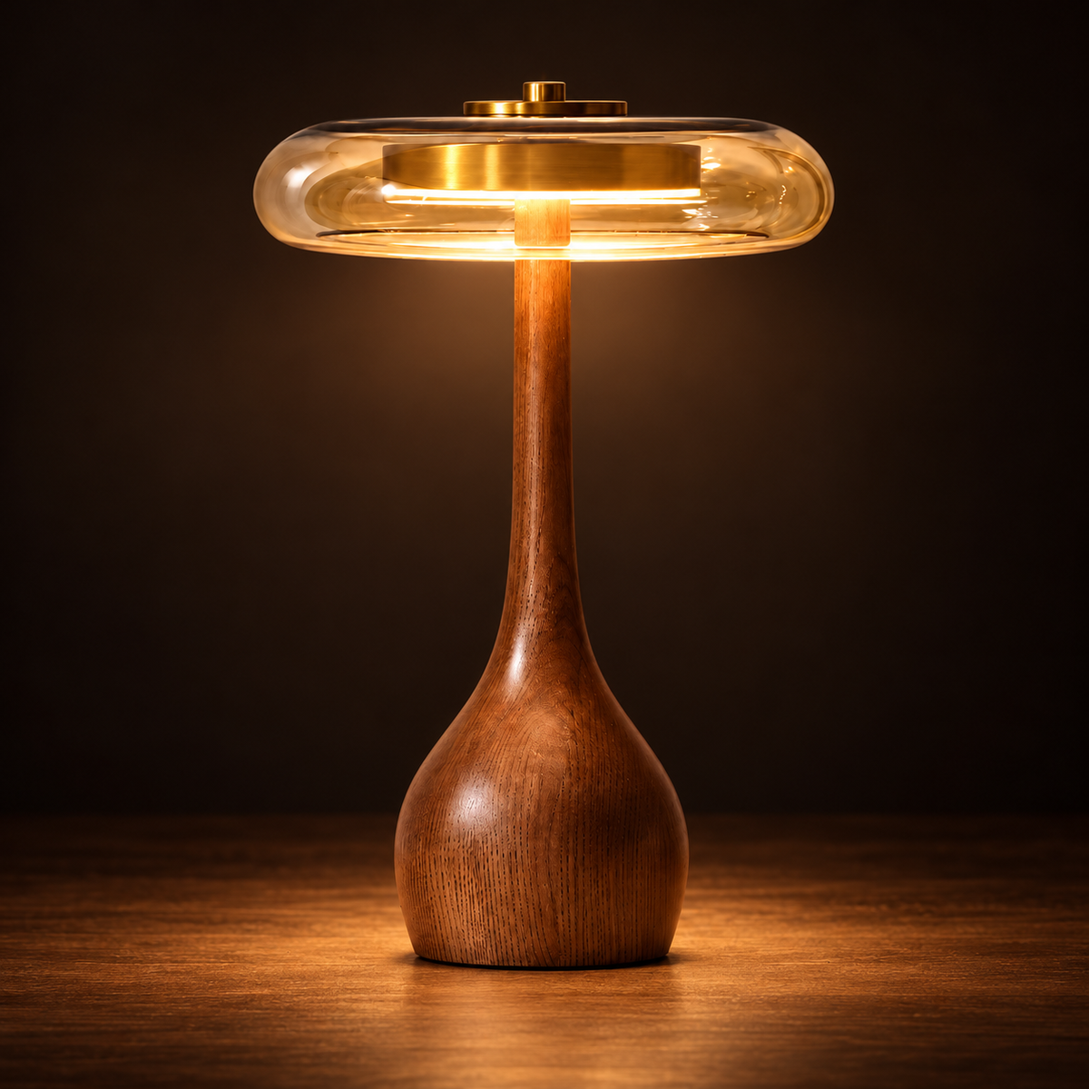 Amber Glass Table Lamp | Teardrop Wood Base & Brass Cap, 22 cm Shade, 24.5 or 31.5 cm Tall