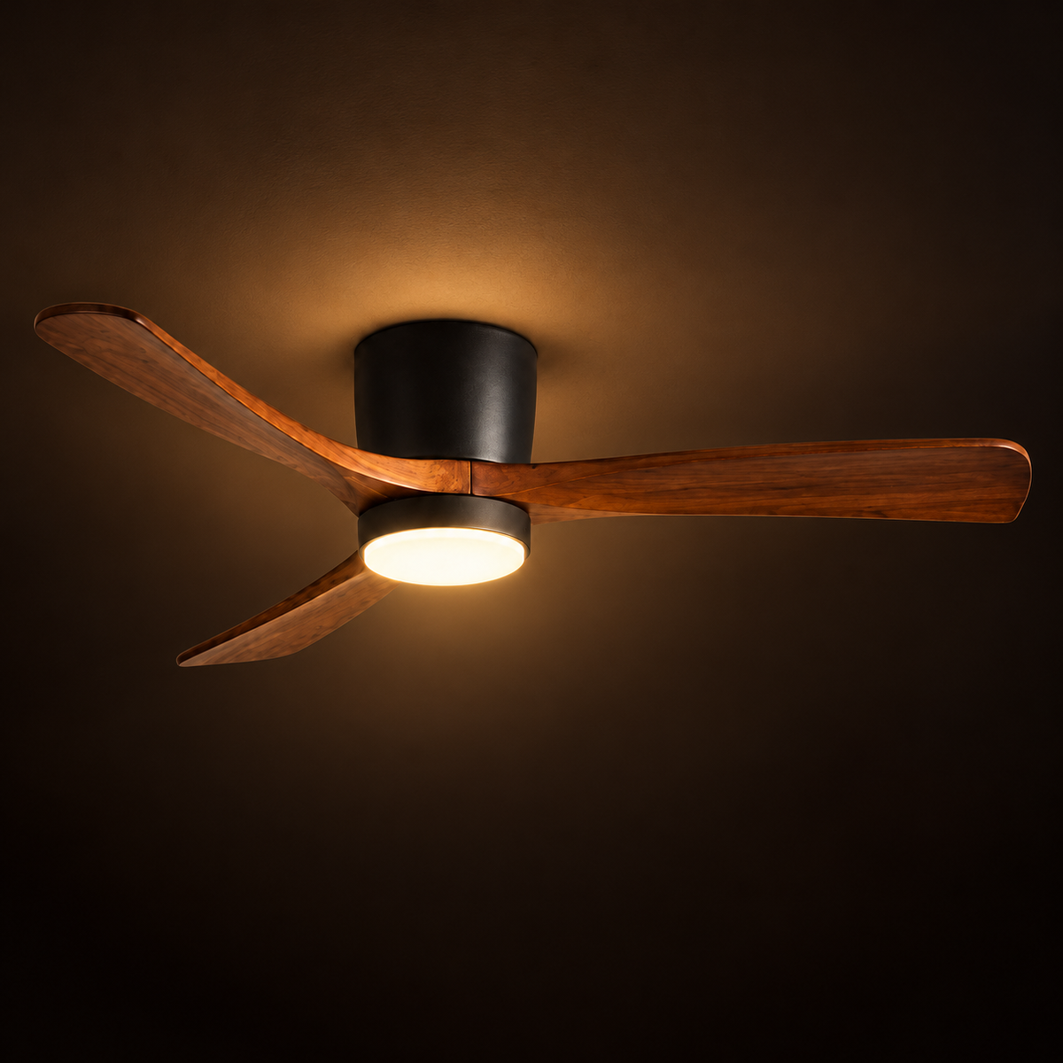 Low Profile Ceiling Fan with Light | 3 Wooden Blades, Remote, 108 or 132 cm, Black or White