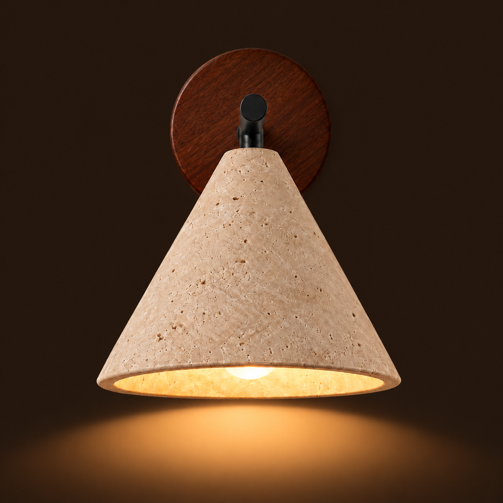 Travertine Cone Wall Light | Natural Stone Wabi-Sabi Sconce, Bedside & Hallway