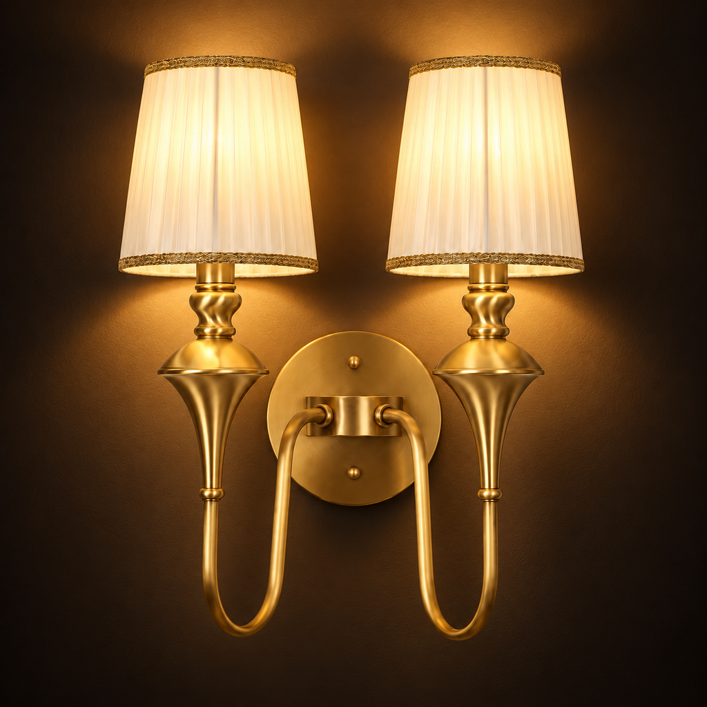 Brass Double Wall Light | Pleated Fabric Shades with Braided Trim, Twin E14, 38 x 46 cm