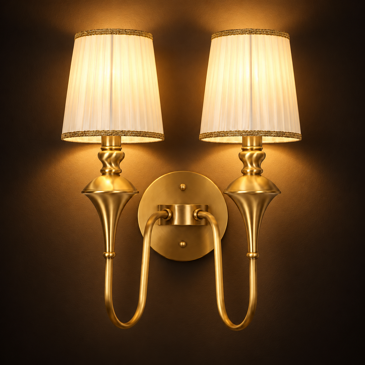 Brass Double Wall Light | Pleated Fabric Shades with Braided Trim, Twin E14, 38 x 46 cm