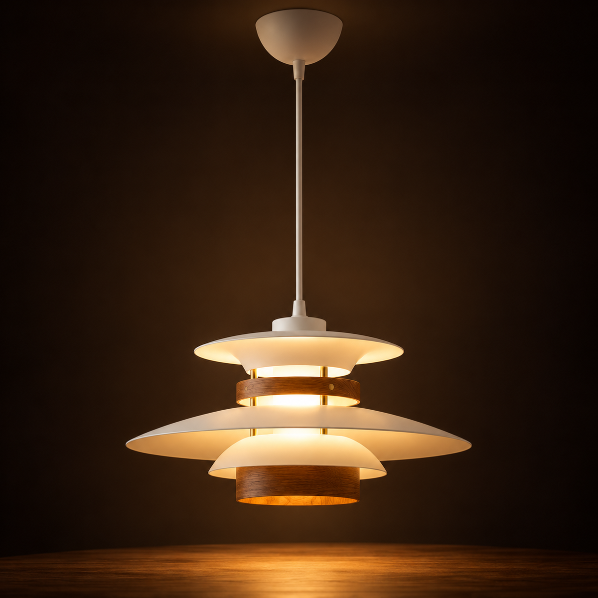 Layered Pendant Light | Danish-Style Tiers with Wood Bands, 35 or 42 cm, White, Cream or Black