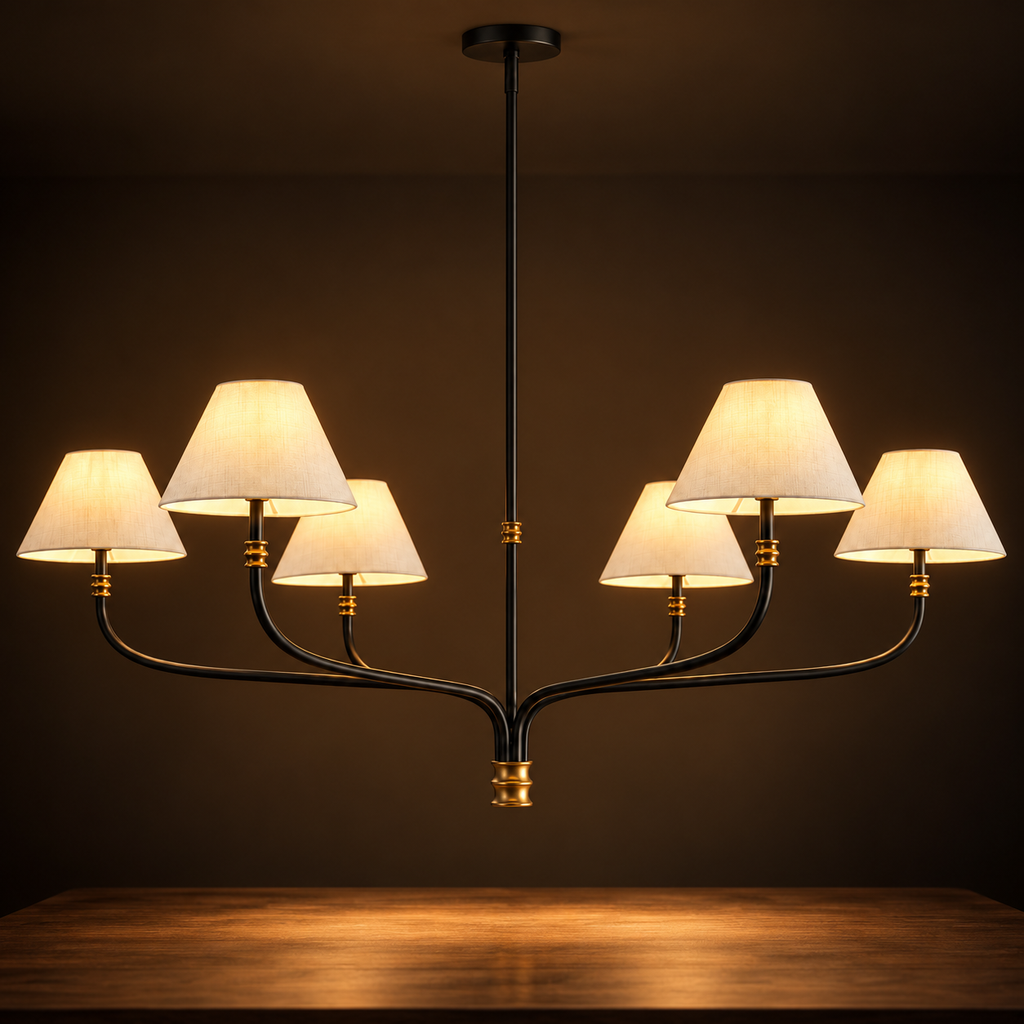 Black & Brass Chandelier | White Fabric Shades, 2 or 6 Arms, 130 cm Wide, Adjustable Rod