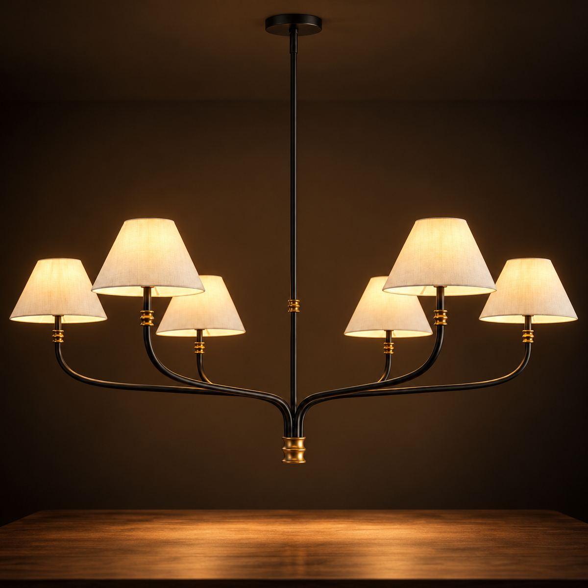 Black & Brass Chandelier | White Fabric Shades, 2 or 6 Arms, 130 cm Wide, Adjustable Rod