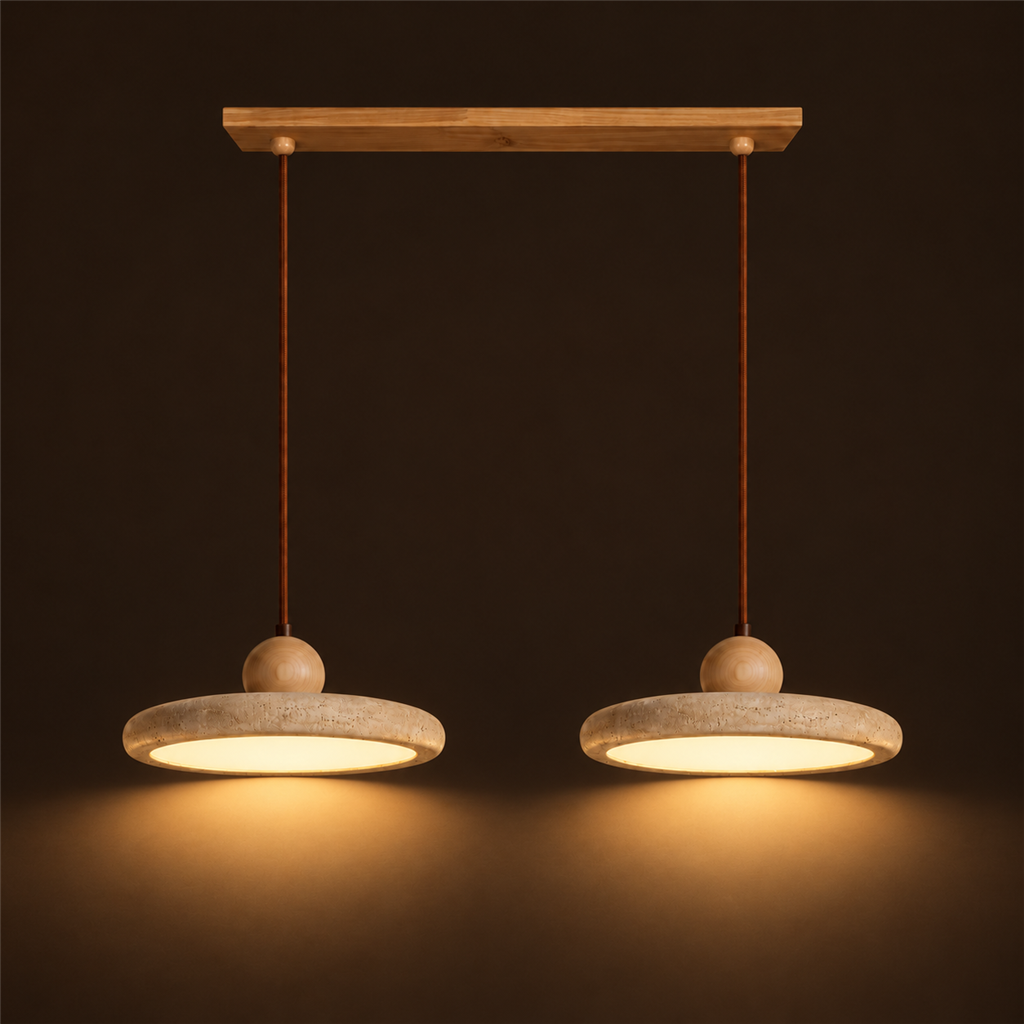 Travertine Double Pendant Light | Wood or Walnut Bar, Breakfast Bar & Counter