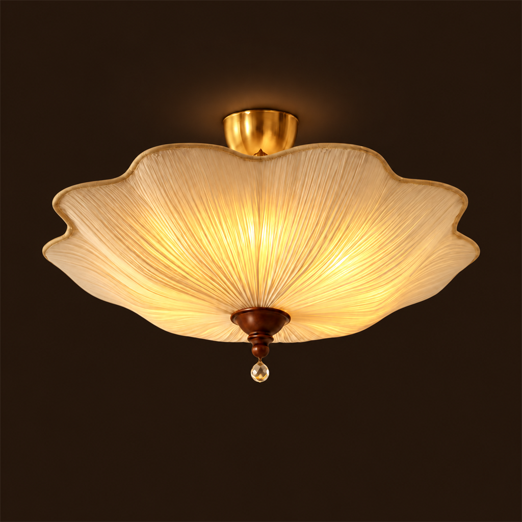 Pleated Scalloped Ceiling Light | Triple Semi-Flush Fabric Shade, 50/60 cm, Bedroom