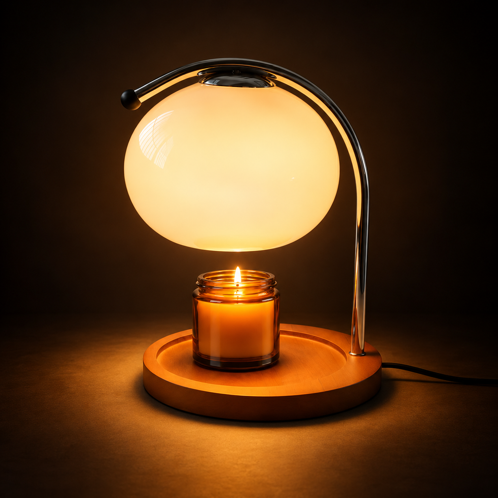 Retro Glass Candle Warmer Lamp | Dimmable Dome Shade, Wood Base, Milky White, Orange or Yellow