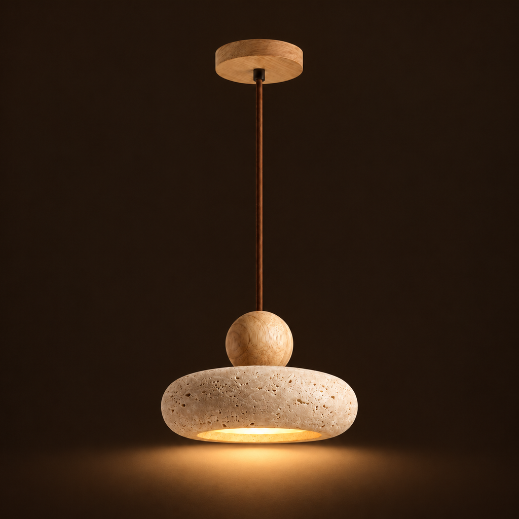 Travertine Donut Pendant Light | Natural Stone 15cm, Walnut or Light Wood, Wabi Sabi