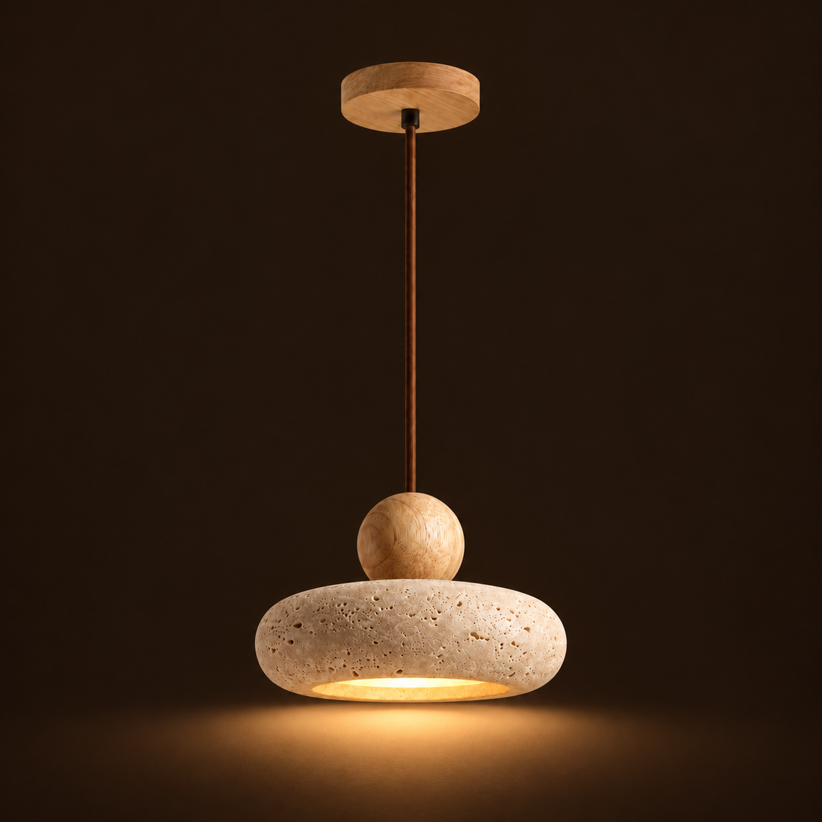 Travertine Donut Pendant Light | Natural Stone 15cm, Walnut or Light Wood, Wabi Sabi