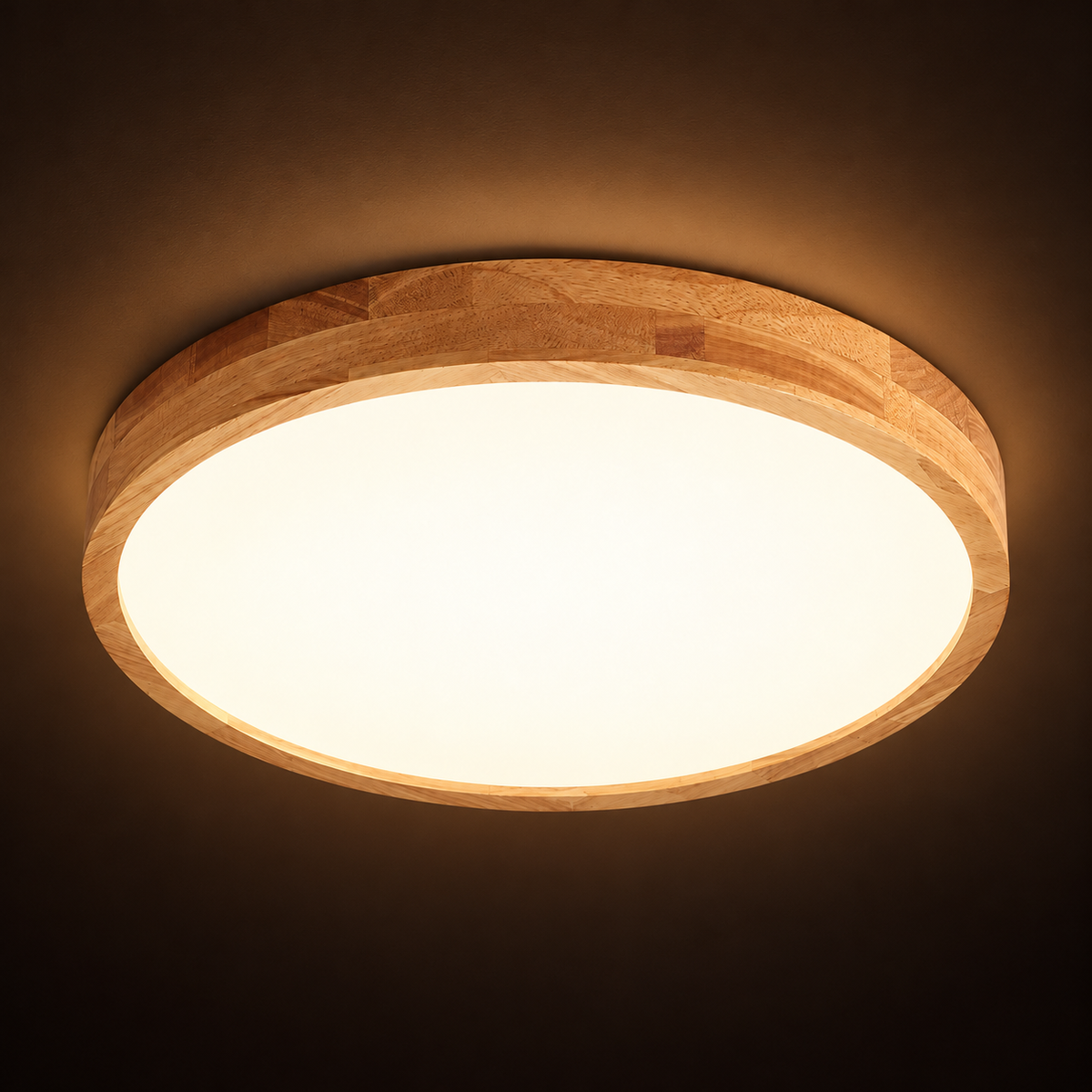 Wooden LED Flush Ceiling Light | Solid Wood Ring, 30 cm 18W or 40 cm 27W, Remote Option