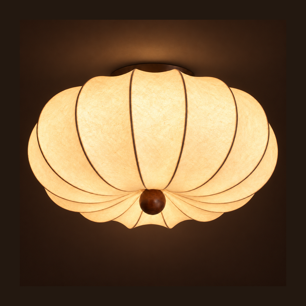 Ribbed Silk Ceiling Light | Japandi Semi-Flush Shade, 40-60 cm, Bedroom Fixture