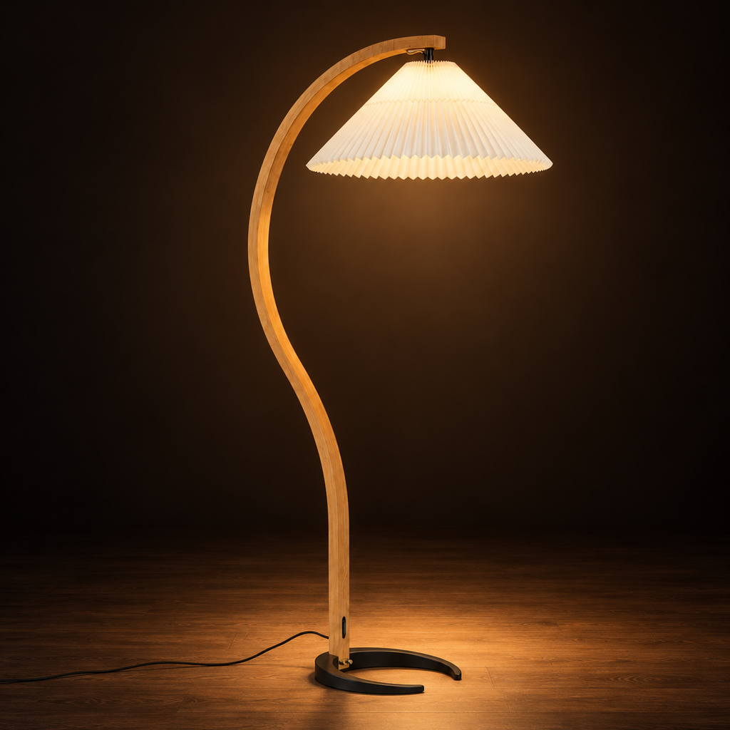 Pleated Arc Floor Lamp | Curved Beech Wood, 150 cm, White, Beige or Coffee Shade, Bulb Included