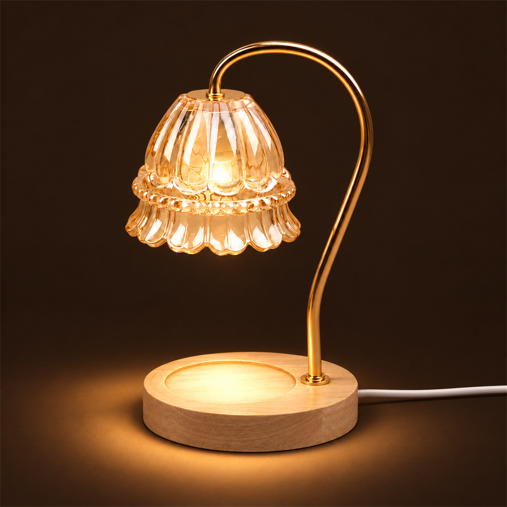 Flower Glass Candle Warmer Lamp | Brass Arm & Wood Base, 5 Shade Colours