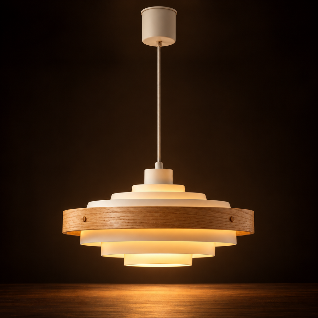 Tiered Pendant Light | Stepped Metal Shade with Wood Band, 40 cm, Walnut or Oak, Black or White