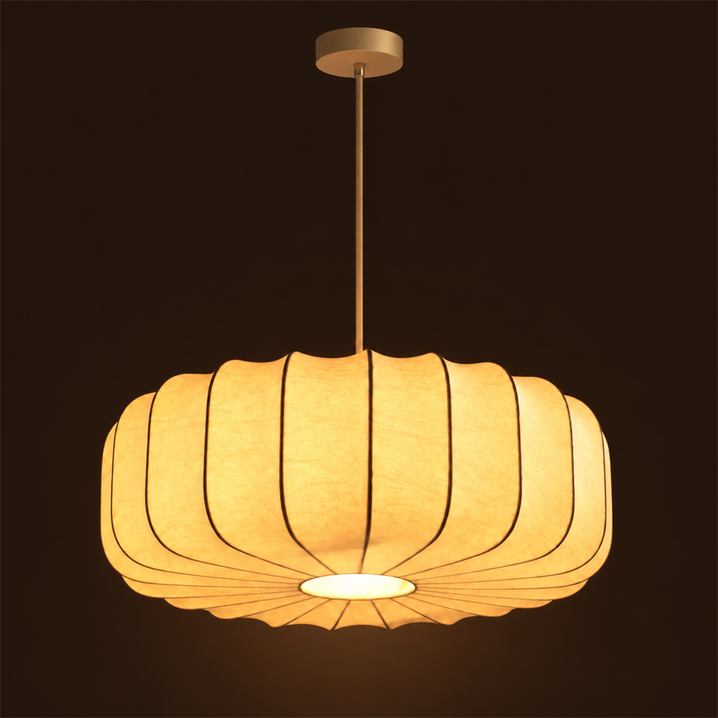 Fluted Silk Pendant Light | Scalloped Hem & Oak Canopy, 40 cm, Bedroom Ceiling Lamp