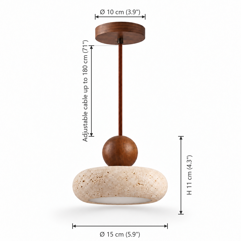 Travertine Donut Pendant Light | Natural Stone 15cm, Walnut or Light Wood, Wabi Sabi