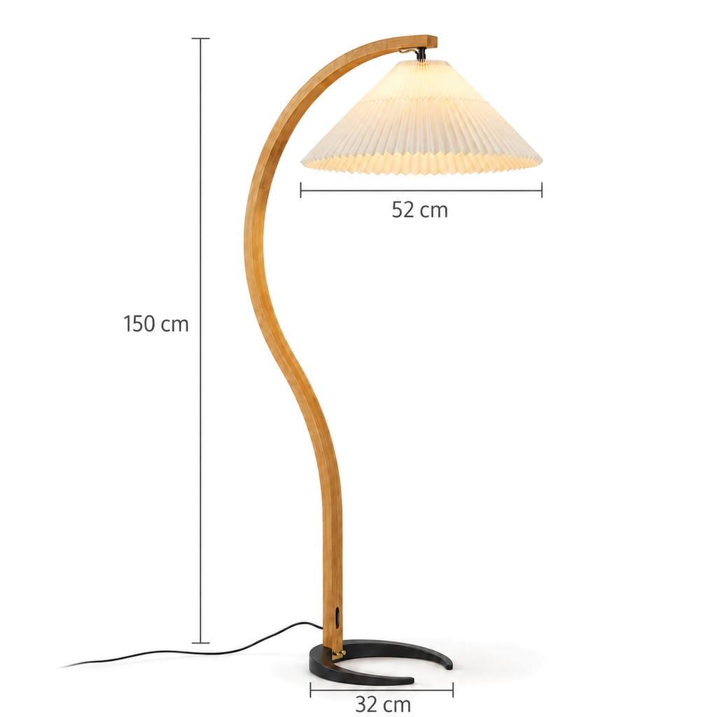 Pleated Arc Floor Lamp | Curved Beech Wood, 150 cm, White, Beige or Coffee Shade, Bulb Included