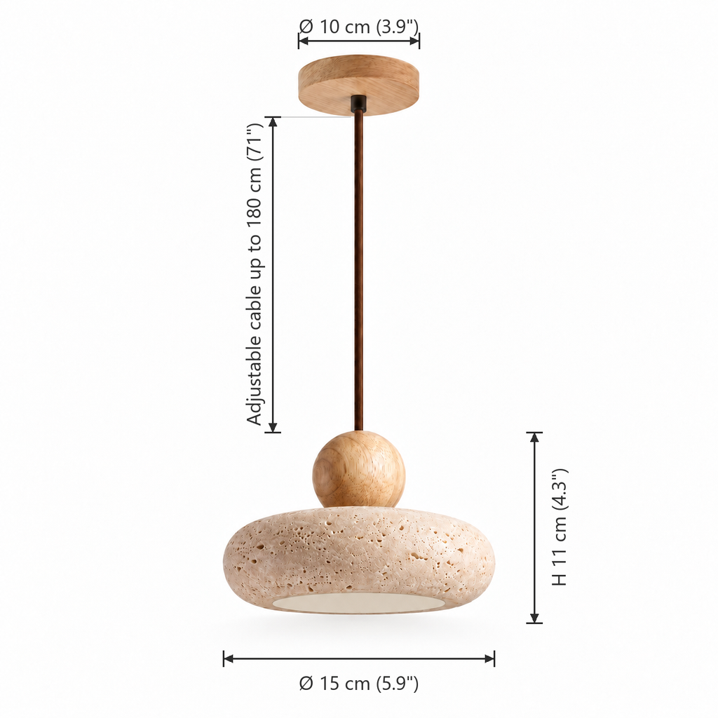 Travertine Donut Pendant Light | Natural Stone 15cm, Walnut or Light Wood, Wabi Sabi