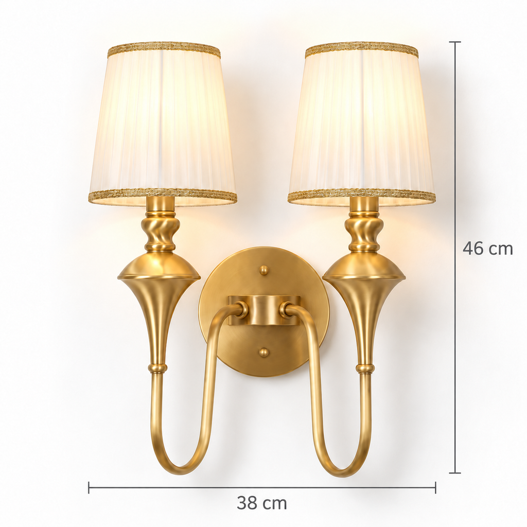 Brass Double Wall Light | Pleated Fabric Shades with Braided Trim, Twin E14, 38 x 46 cm