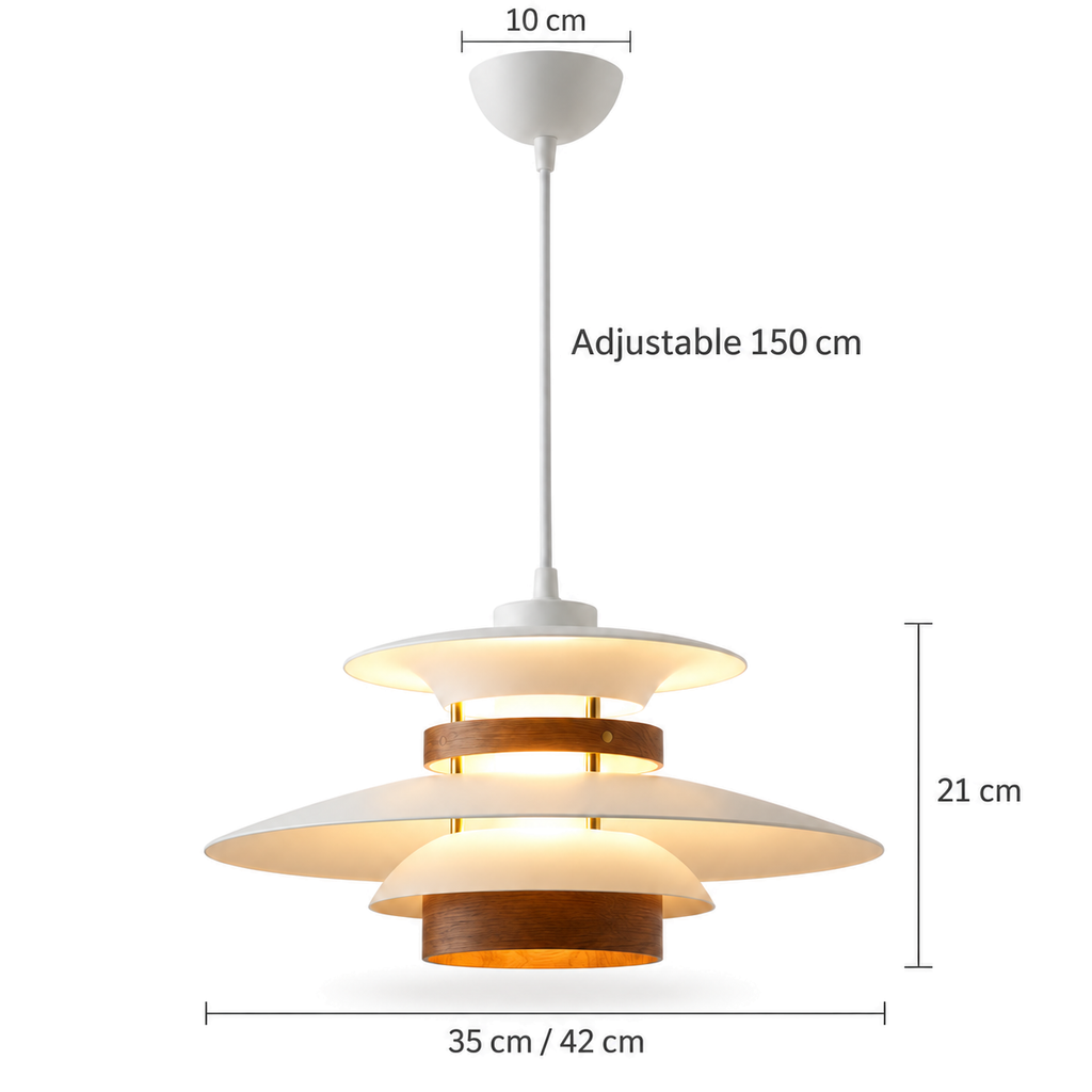 Layered Pendant Light | Danish-Style Tiers with Wood Bands, 35 or 42 cm, White, Cream or Black