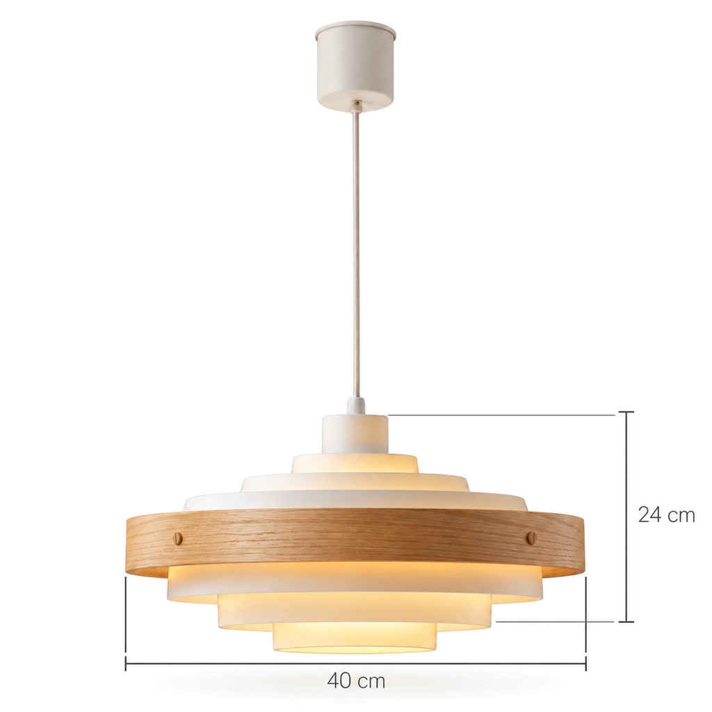 Tiered Pendant Light | Stepped Metal Shade with Wood Band, 40 cm, Walnut or Oak, Black or White