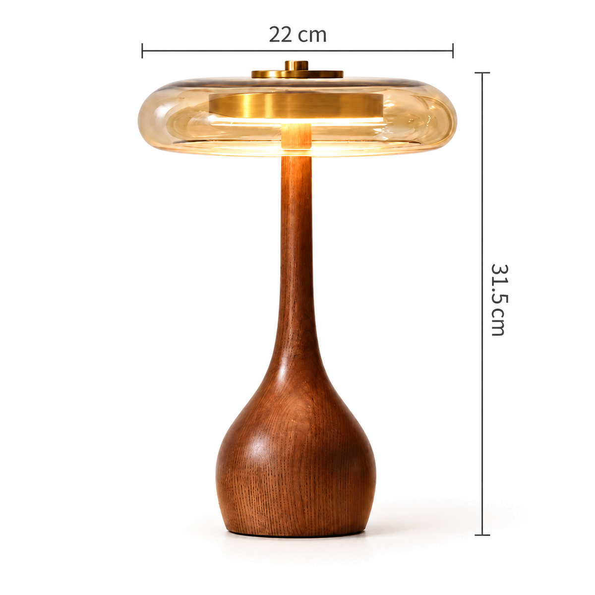 Amber Glass Table Lamp | Teardrop Wood Base & Brass Cap, 22 cm Shade, 24.5 or 31.5 cm Tall