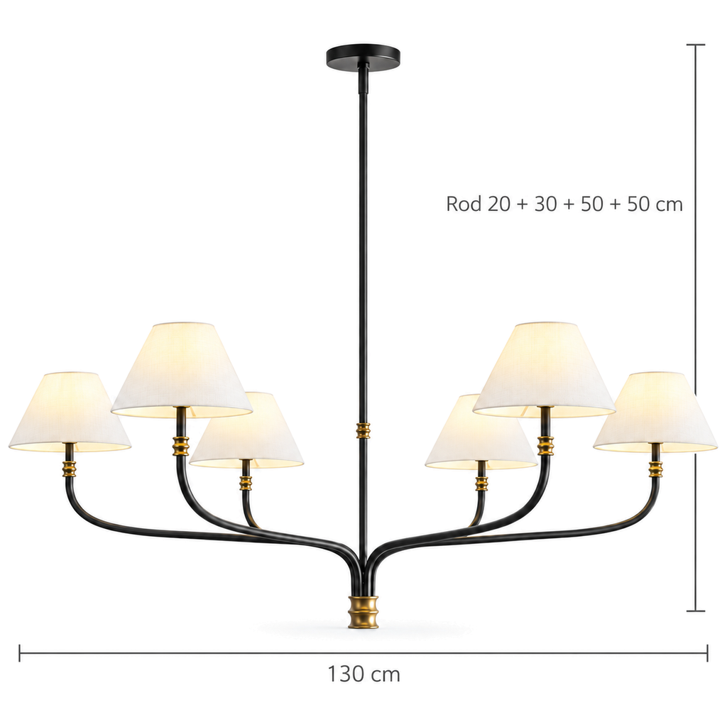 Black & Brass Chandelier | White Fabric Shades, 2 or 6 Arms, 130 cm Wide, Adjustable Rod
