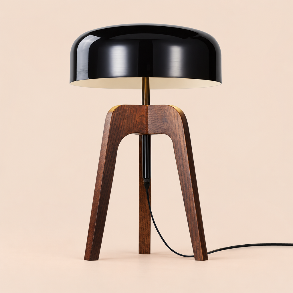 Tripod Table Lamp 52cm - Ash Wood Dome Shade Modern Bedside Light