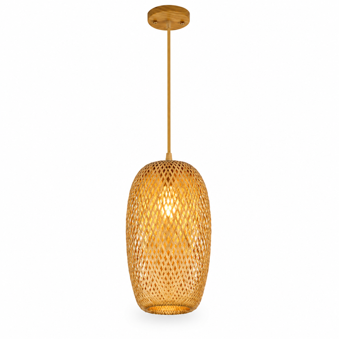 Tall Bamboo Lantern Pendant Light | Hand-Woven Rattan, 18 x 37 cm, Dining Table