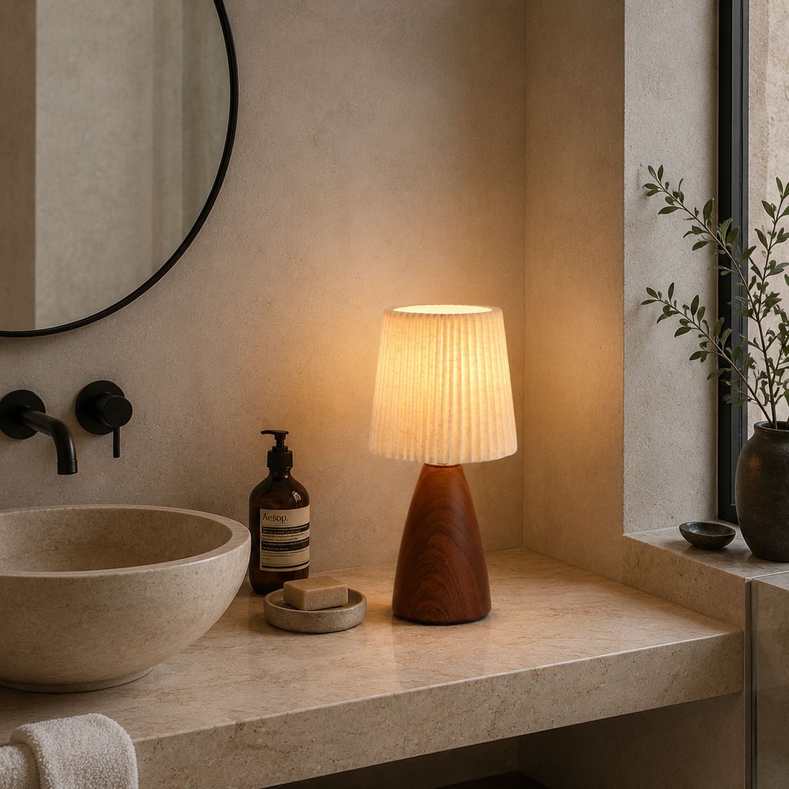 Pleated fabric table lamp on a stone bathroom vanity