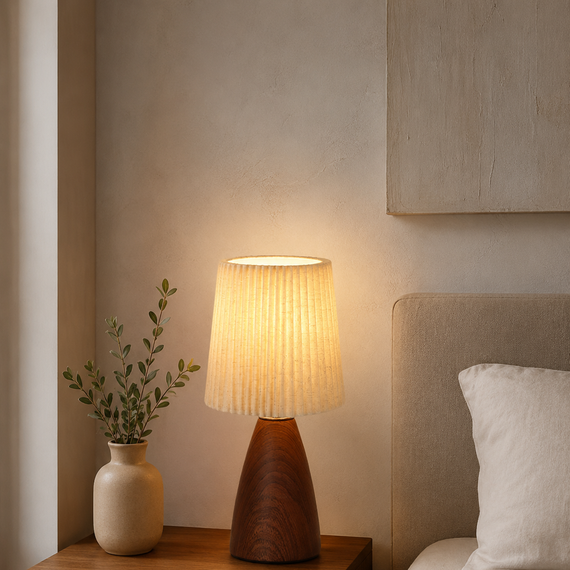 Pleated fabric table lamp on a bedside table beside a plant
