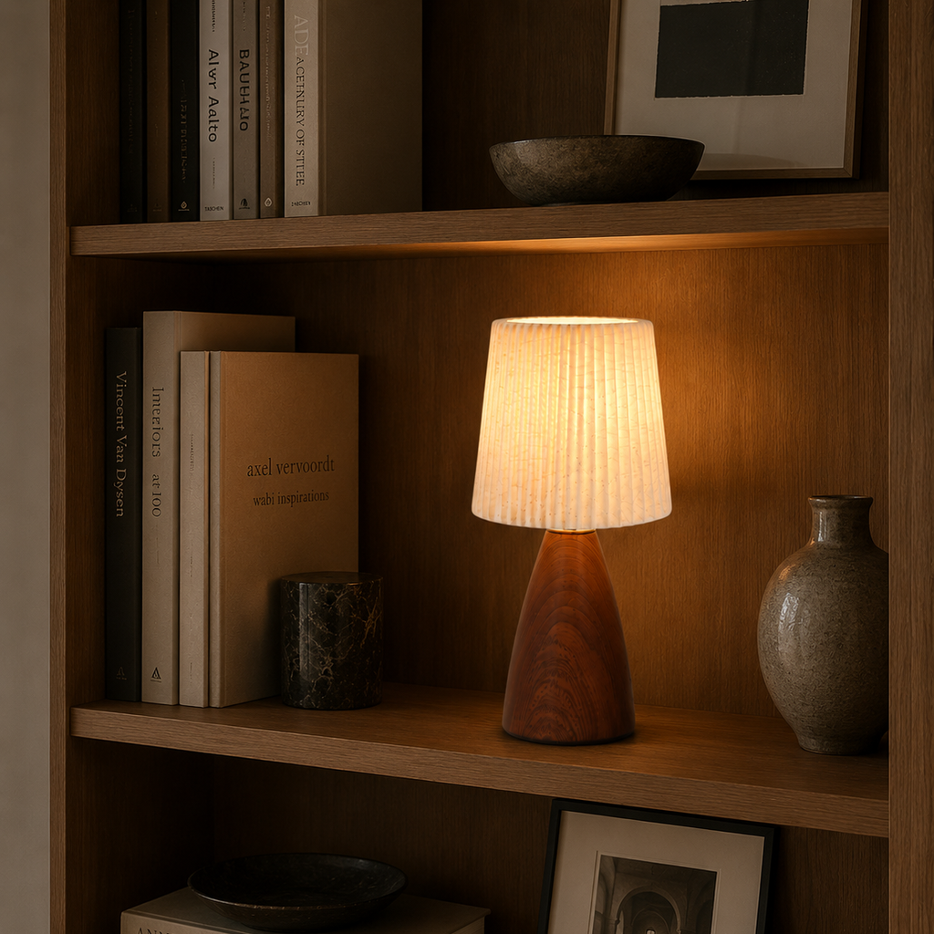 Pleated fabric table lamp on a shelf of books