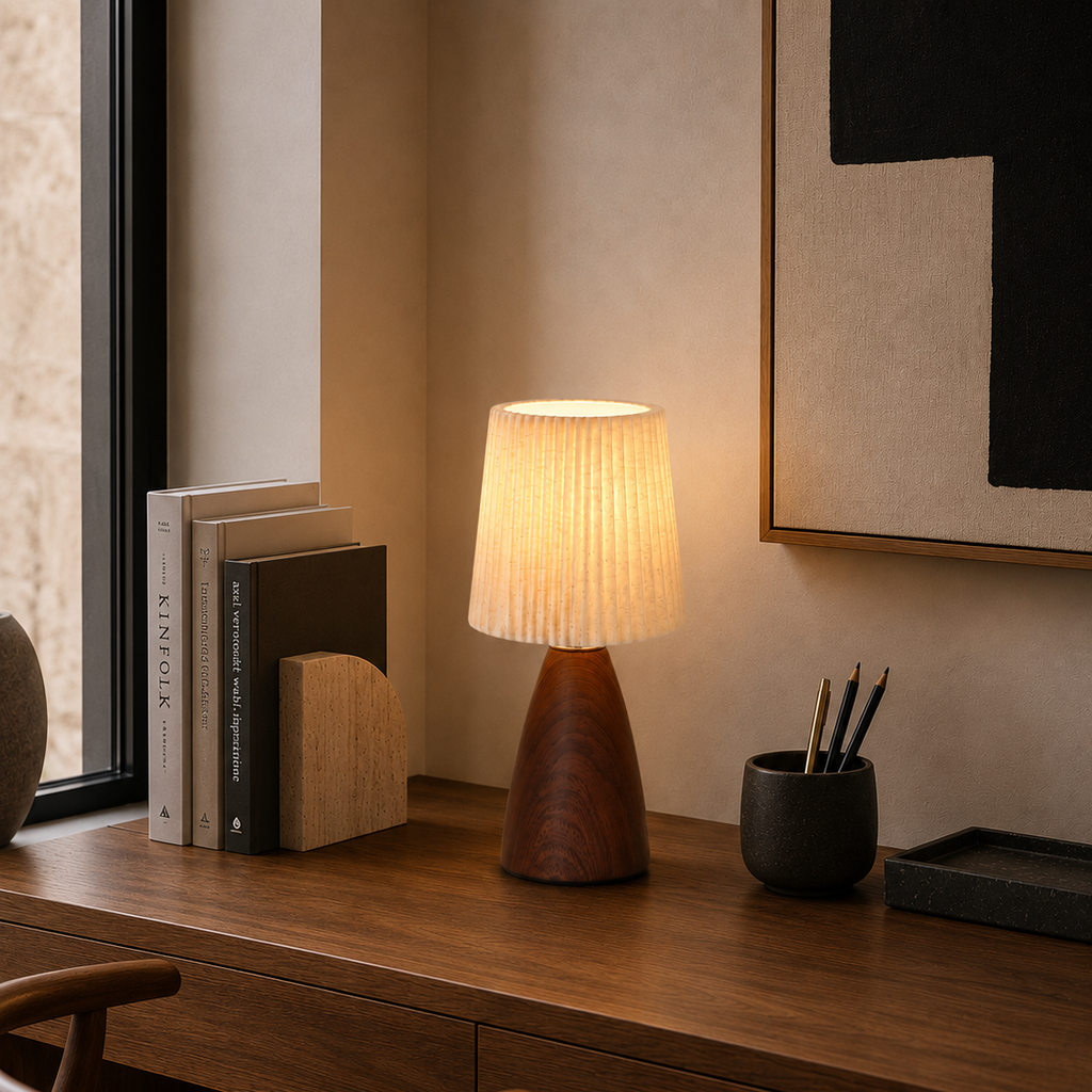 Pleated fabric table lamp on a desk beside a woven chair
