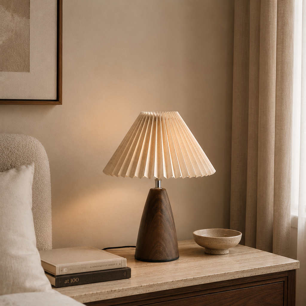 Pleated shade table lamp beside a bed in a panelled bedroom