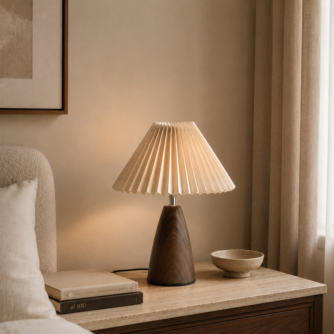 Pleated shade table lamp beside a bed in a panelled bedroom
