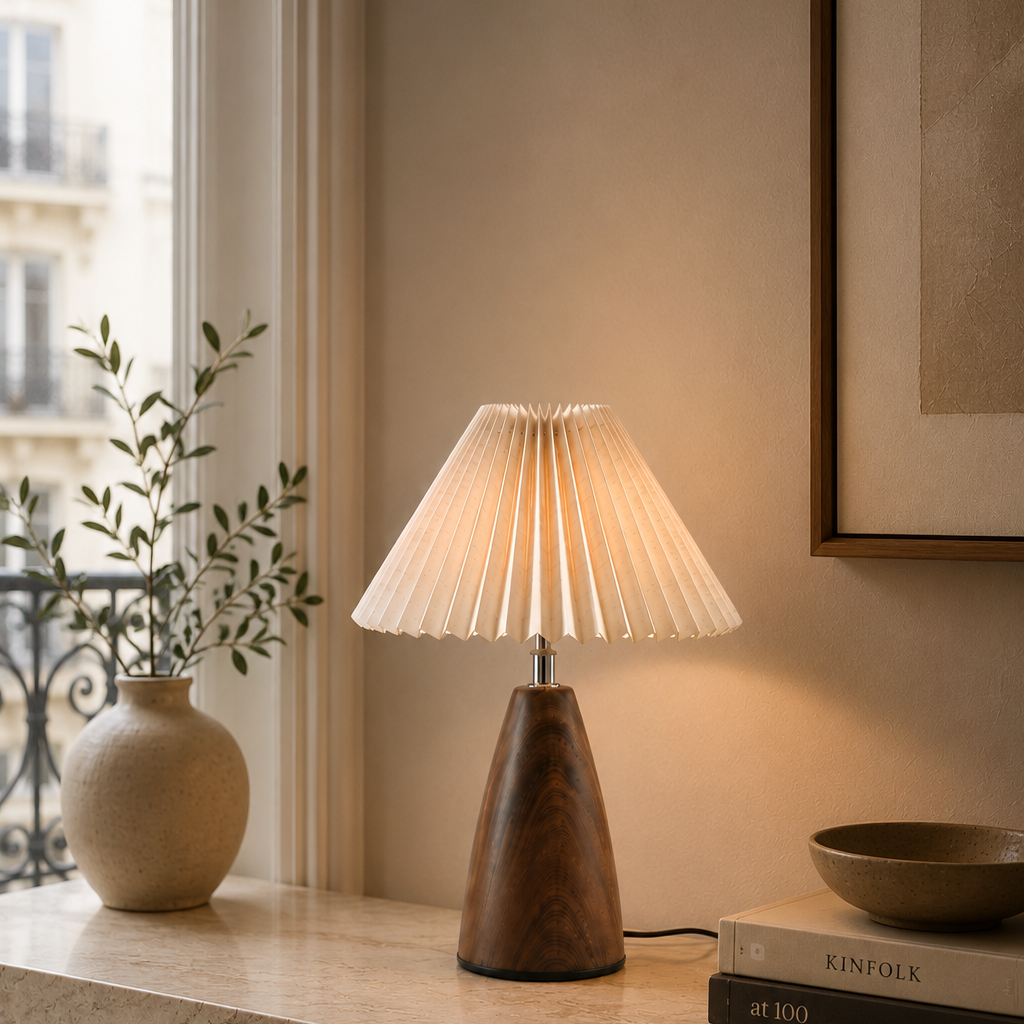 Pleated shade table lamp on a console in a warm living room