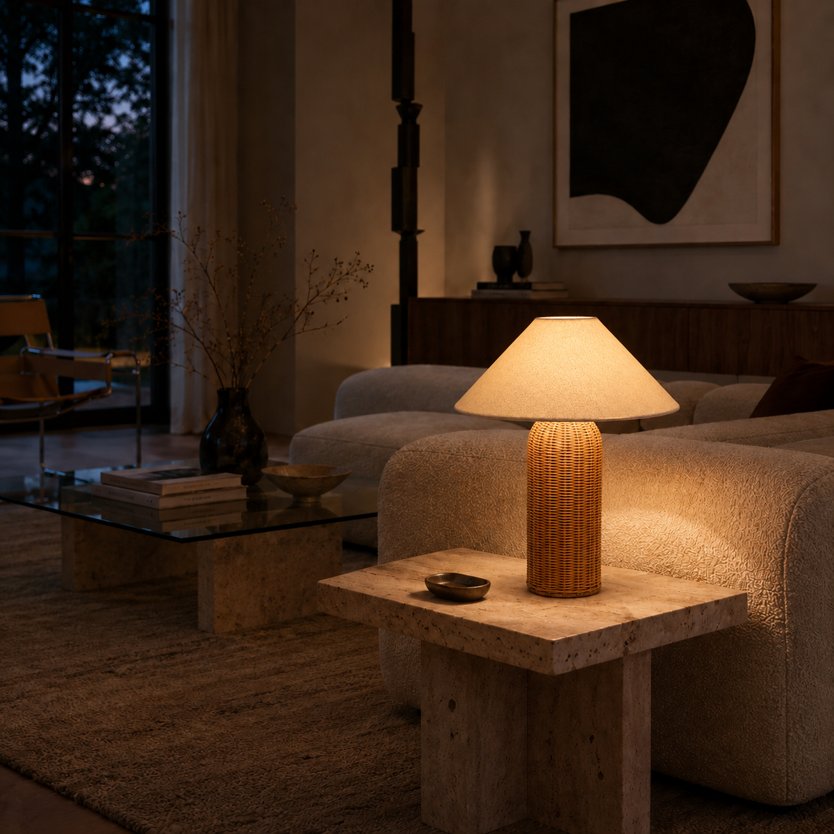 Wabi-sabi rattan cylindrical table lamp on a bedside table