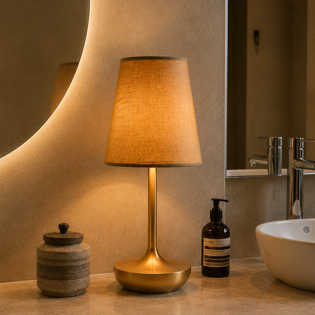 Rechargeable fabric-shade table lamp on a bathroom vanity
