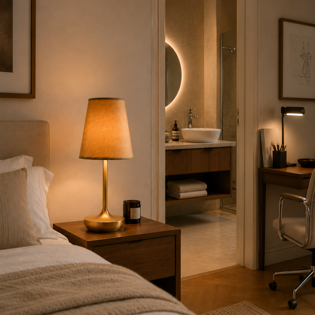 Rechargeable fabric-shade table lamp beside a bed with a round mirror